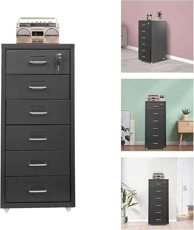 6 Drawer Vertical File Cabinet with Lock, Metal Movable Office Storage Cabinet, Under-Desk File Cabinet with Wheels, for Home Office Use (Black)