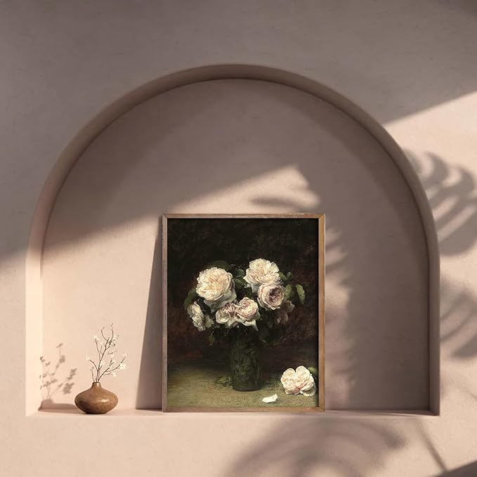 Kizbook Vintage Floral Wall Art Prints, Moody Dark Roses Canvas Oil Painting, Vintage Flower Picture Prints for Wall Decor, French Country Decor for Gallery Kitchen Bathroom Wall Decor( 8" x 10"-UNFRAMED)