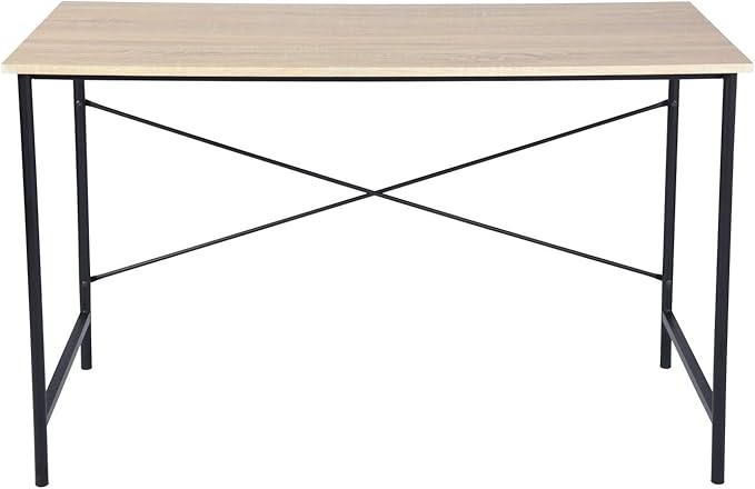 Modern Computer Desk with Light Wood Top, 47.2" x 23.6" Writing Table, Black Metal Frame with Cross Brace, Minimalist Home Office Desk for Study or Workstation or Entryway