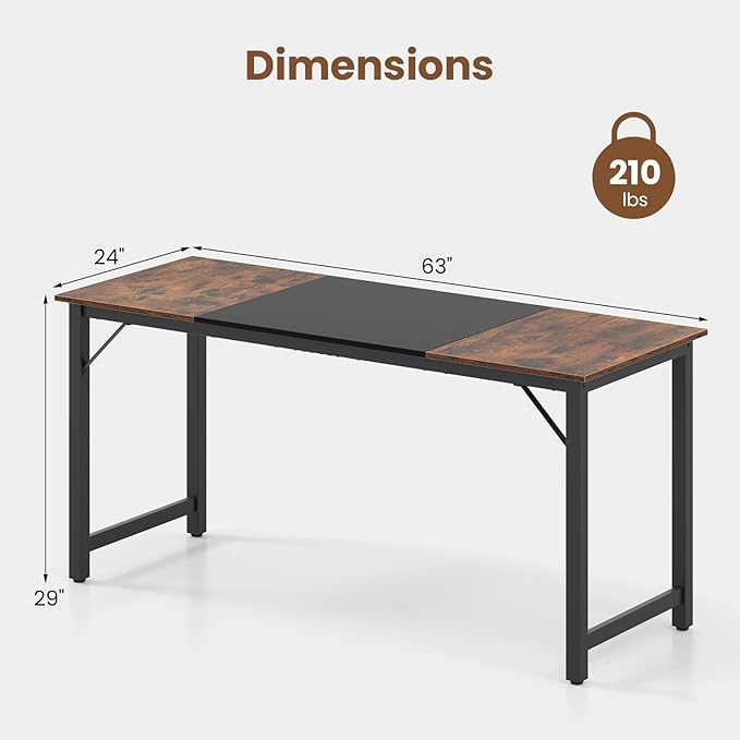 Giantex 63 Inch Computer Desk, Modern Simple Office Desk with Triangle Structure Metal Frame, Computer Workstations for Home Office, Study, Conference Room, Rustic Brown and Black