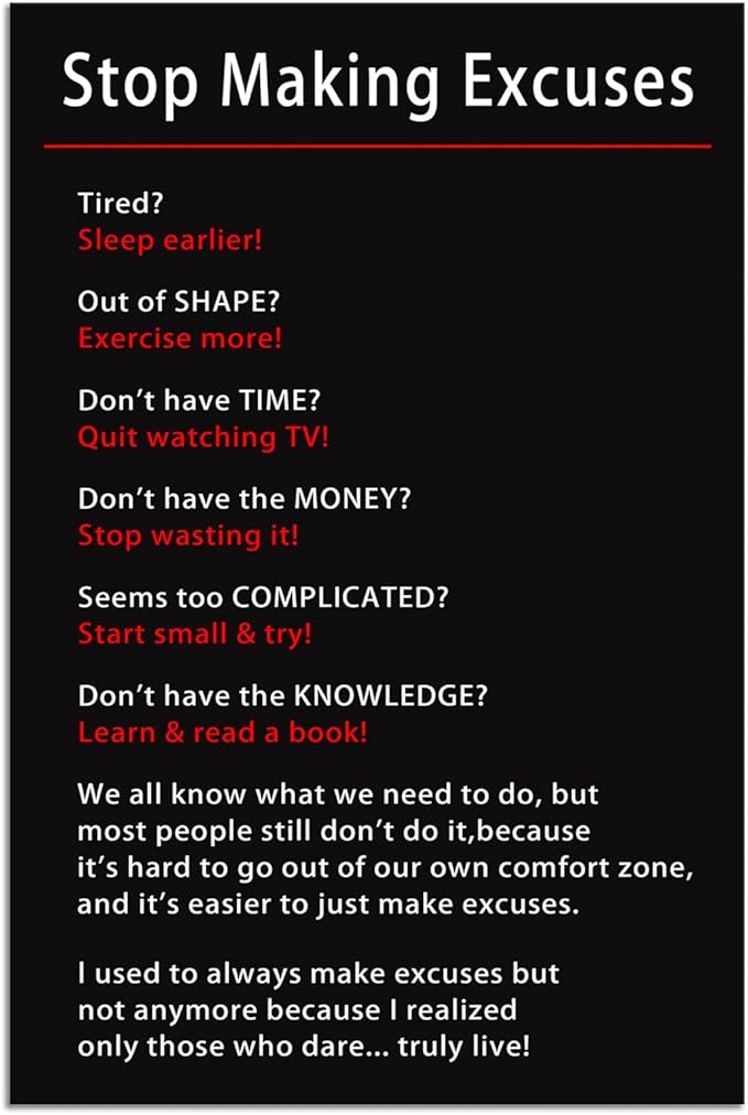 Motivational Stop Making Excuses Team Poster Inspirational Canvas Wall Art Inspiring Picture Prints Painting Artwork for Office Living Room Home Wall Decor Wood Framed Ready to Hang[24''W x 36''H]