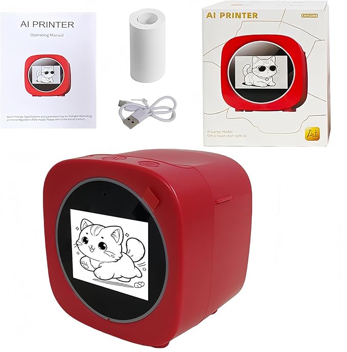 AI Sticker Box Printer, AI Voice Stickerbox Printer Maker Mini Thermal Label Printer With Display, Smart Inkless Portable Sticker Maker For Home, Office Study Diy Projects With Rolls Paper (Red)