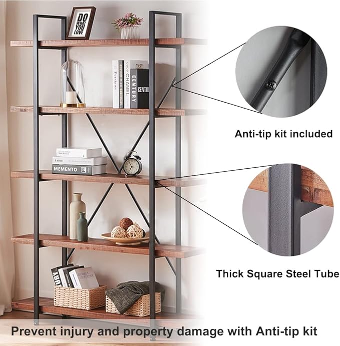 HSH 5 Tier Solid Wood Bookshelf, Natural Real Wood Bookcase, Industrial Rustic Vintage Etagere Bookshelf, Open Metal Farmhouse Solid Wooden Book Shelf, Distressed Brown
