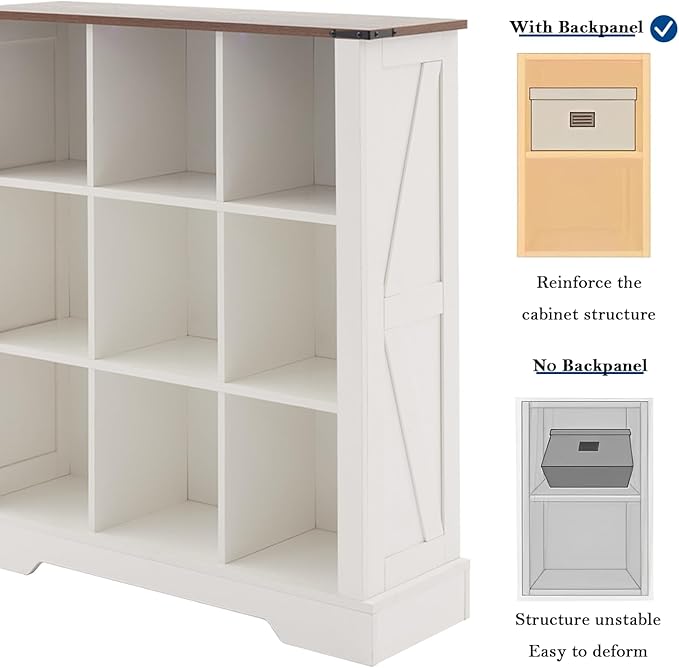 9 Cube Storage Organizer, 3 Tier Book Shelf with Led Lights, Farmhouse Book Shelves for Living Room, Horizontal Toy Storage Bookshelf, Wood Display Bookcase Cabinet for Bedroom, Office, White