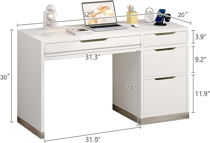 52 Inch White Desk with 4 Drawers, Computer Desk with Storage for Small Spaces with Storage File Drawer, Small Home Office Desk with Drawers for Bedroom