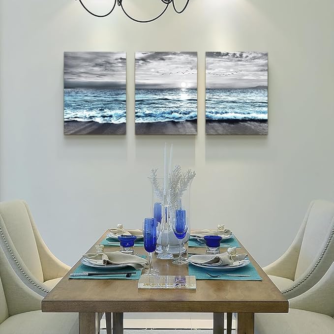 DZRWUBHS Wall Decorations For 3 Piece Framed Canvas Art Bedroom Office Decor Black &White Painting Blue Ocean Sea Wave Pictures Artwork Modern Beach Posters Home Decor,Blue Ocean Landscape Paintings