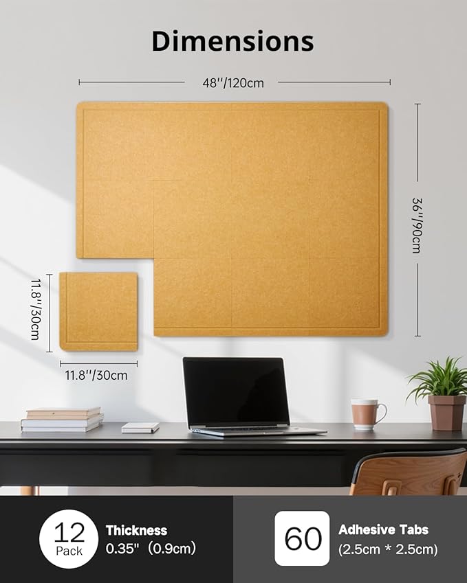 Bulletin Board, 48 x 36 inches Cork Board Alternative, 12 Pack Felt Pin Boards for Walls Home Office Decor, Classroom with 60 Adhesive Tabs Longan Yellow