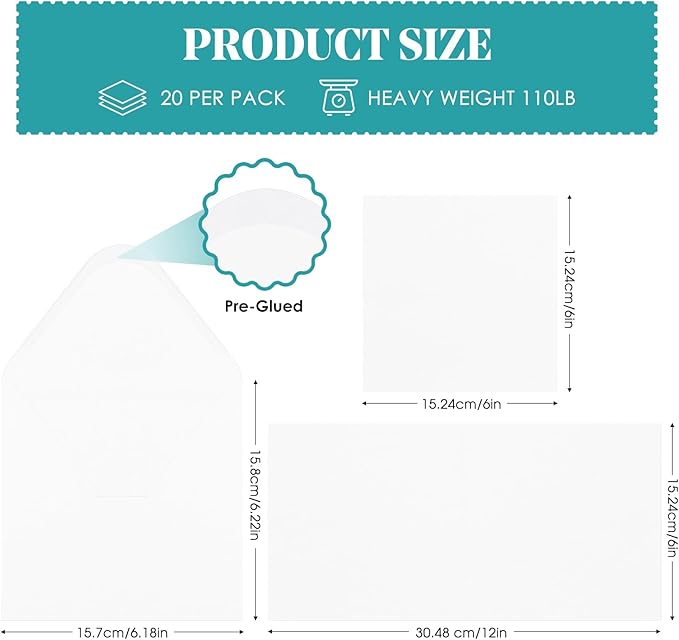 6X6 Bright White Cards and Envelopes Square Invitations 20PK 100 lb Thick White Card Stock for Card Making, Photo Cards, Embroidery