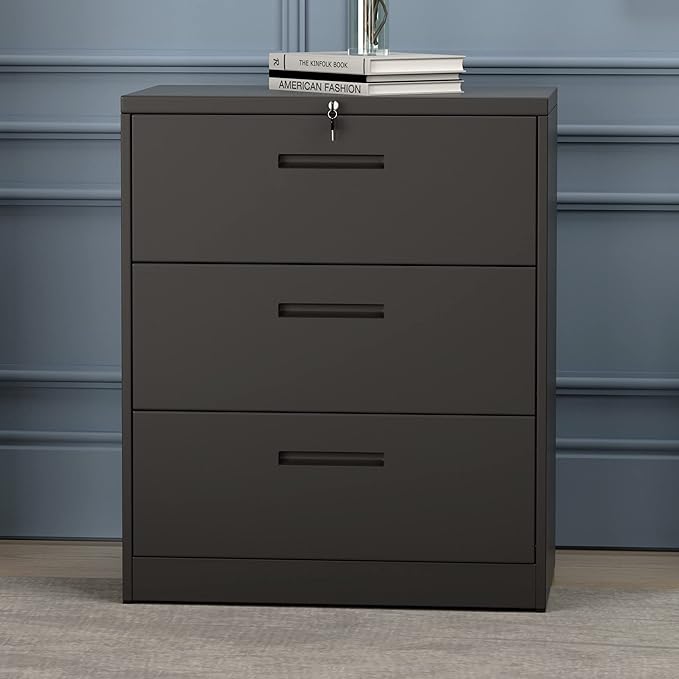 Lateral File Cabinet, 3 Drawers Metal Lockable Filing Cabinet for Commercial Grade Office Legal and Letter File (Black)