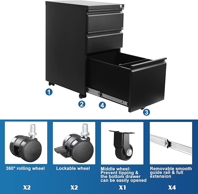 3-Drawer 15.4" W Classic File Cabinet with Lock, Metal Filling Cabinets Suits Legal/Letter Size for Home Office, Fully Assembled Except Wheels, Grey (3-Drawer Widen, Black)