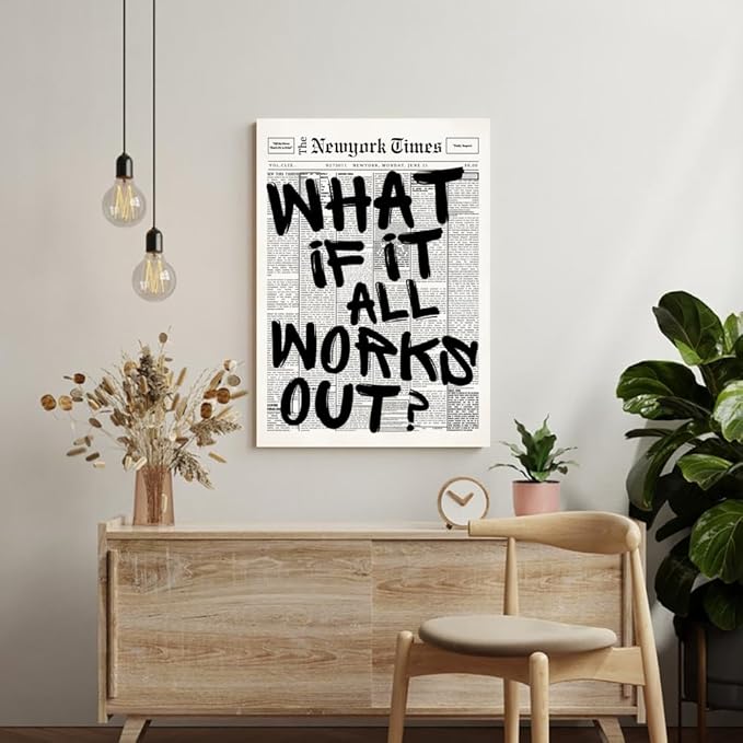 Balsuka What If It All Works Out Wall Art Retro Black and White Newspaper Motivational Poster Positive Affirming Quote Minimalist Canvas Print for Bedroom Living Room Home Decor 8x12inch Unframed