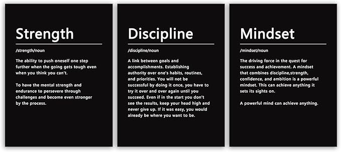 Strength Discipline Mindset Noun Inspirational Painting Wall Art 3 Pieces Canvas Print Office Wall Decor Poster Inspiring Framed Motivational Quotes for Wall Art Decoration Ready to Hang[36''Wx 16''H]