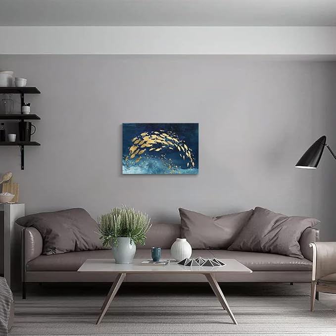 Wall Art Canvas Abstract Ocean Art Paintings Golden Fish Dancing in Blue Sea Modern Artwork Decor for Living Room Bedroom Kitchen 24x16in