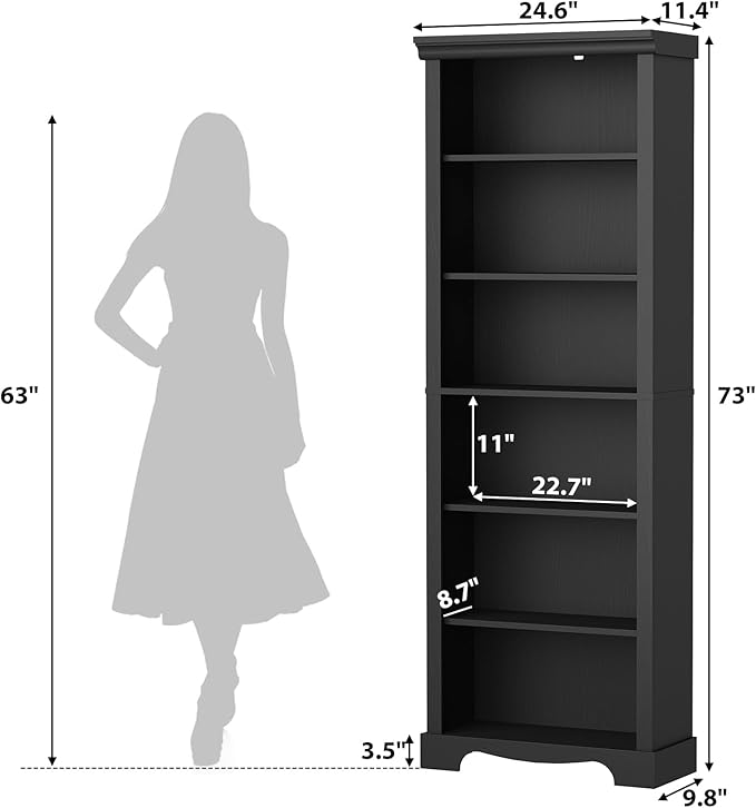 6-Tier Bookshelf, 73 inch Tall Bookcase with 2 Adjustable Shelves, Book Shelf with Anti-Tipping Device, Wooden Bookcase for Study Room, Living Room, Home Office, Bedroom (Black)