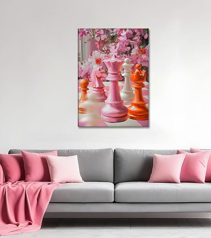 Chess Piece Wall Art - Pink Canvas Paitning Chess Pictures Wall Decor Colorful Chessboard Artwork Trendy Prints Modern Poster for Game Room Bathroom Living Room Bedroom Office, Framed 24"x36"