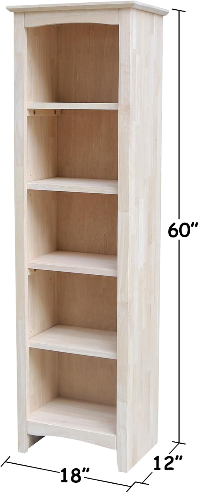 International Concepts Narrow Shaker Bookcase, 60-Inch High, Solid Parawood, Unfinished