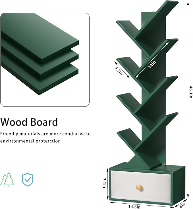 8 Tier Tree Bookshelf with Drawer, Free Standing Wood Green Bookcase for Narrow Space, Storage Organizer Bookshelves for Books, Book Case for Home Office, Living Room, Bedroom