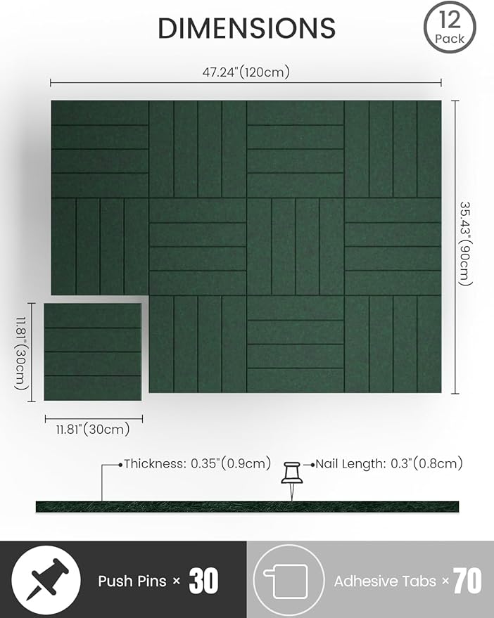Bumusty Large Cork Board Alternative-48 x 36" Felt Bulletin Board Tiles, with 30 Pushpins, 70 Adhesive Tabs, 12-Pack Slat Wall Paneling, Cork Boards for Office Push Pin Board Felt Board-Pine Green