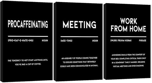 3 Piece Inspirational Canvas Wall Art, Quotes "Procaffeinating - Meeting - Work From Home" Motivational Print Pictures, Triptych Entrepreneur Poster Framed Artwork for Men Women Room Decor(36"Wx18" H)