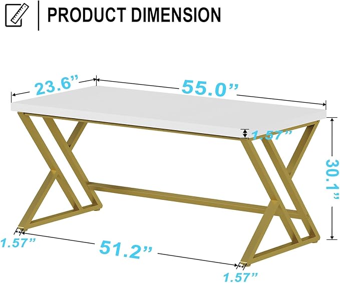 LVB White and Gold Desk, Modern Wood Home Office Computer Desk, Metal Study Executive Writing Table for Gaming Writing Work, Farmhouse Simple Compact Student PC Desk for Bedroom, 55 Inch