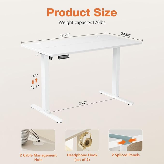 Sweetcrispy Electric Standing Desk Adjustable Height, 48x24 Inch Sit Stand Up Home Office Desks Computer Workstation PC Work Table with 3 Memory Preset Splice Wood Board Metal Frame, White
