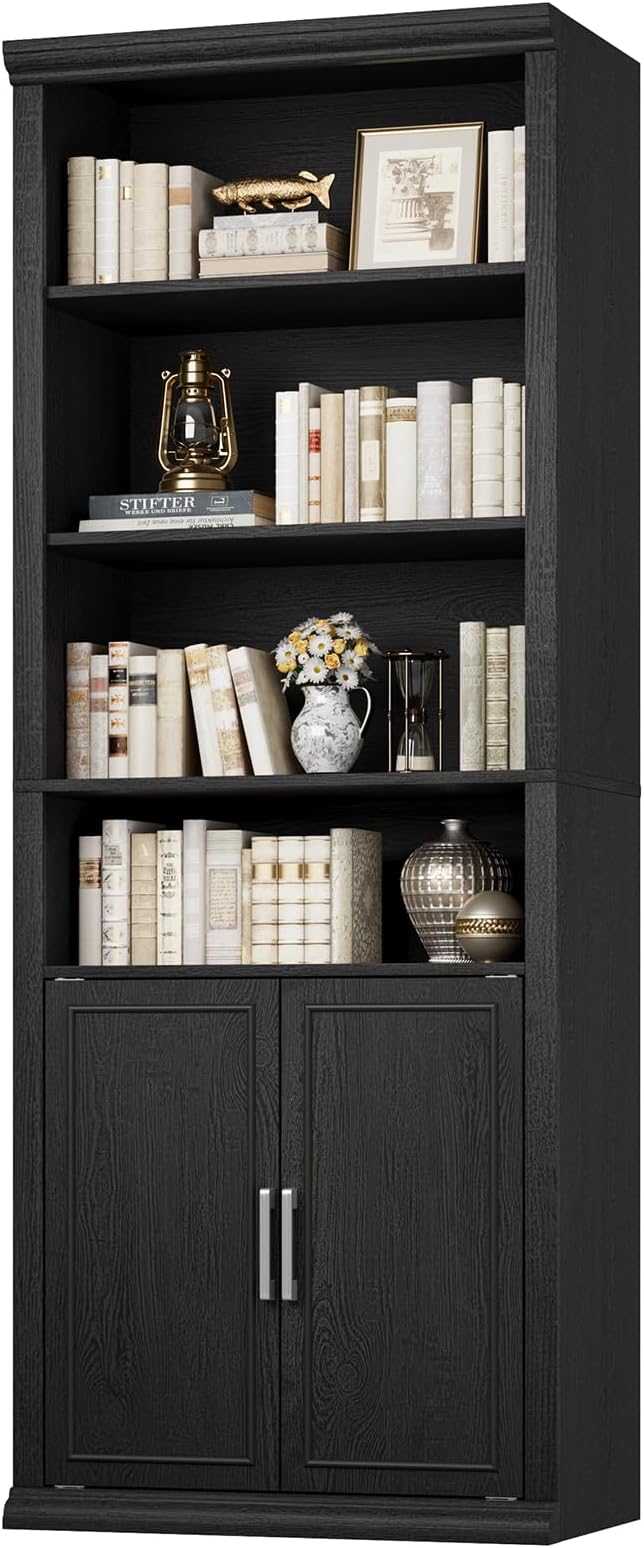 Rresyet 28" W Bookcase with Doors, Modern Tall Bookshelf 6-Tier Black Bookshelves with Storage Cabinet for Office, Living Room, Library