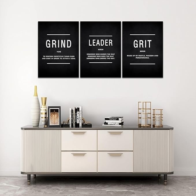 Motivational Grind Grit Leader Wall Art, Canvas Painting Wall Decor Inspirational Posters Prints for Living Room Bedroom, Office Decor, Gallery-Wrapped Canvas Art Set Framed Easy Hang- 12"Wx16"Hx3PCS