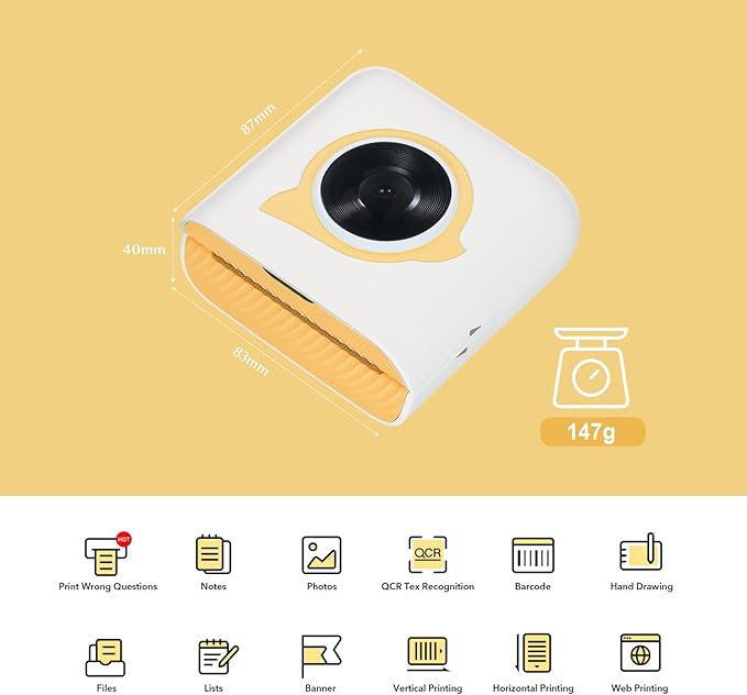 L8 Mini Thermal Printer, Portable Wireless BT 4.0 Label Maker for Photos Lists Barcodes, with 1 Roll 58mm Thermal Paper, Kids Students Office (Yellow)