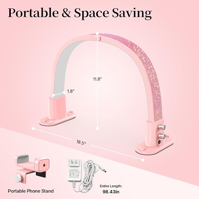 BLUVALL Half Moon Nail Lamp for Desk Portable Nail Desk Lamp with Phone Holder, Stepless Adjustment of Brightness and Color Temperature Desk Lamp for Nail Tech, Eyelash, Tattoo, Makeup (Pink)