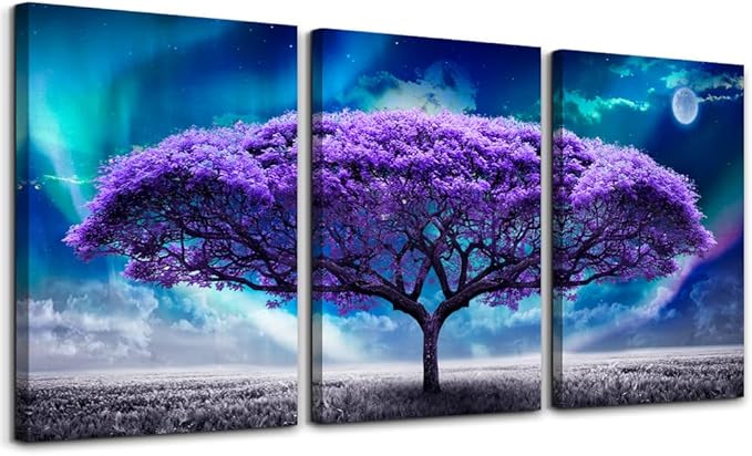 Lapremoly Canvas Wall Art For Living Room Boho Decor Bedroom Farmhouse Pictures Aurora Purple Tree Scenery Paintings Office Prints Dormitory Home Decorations 12'' X 16'' 3 Piece