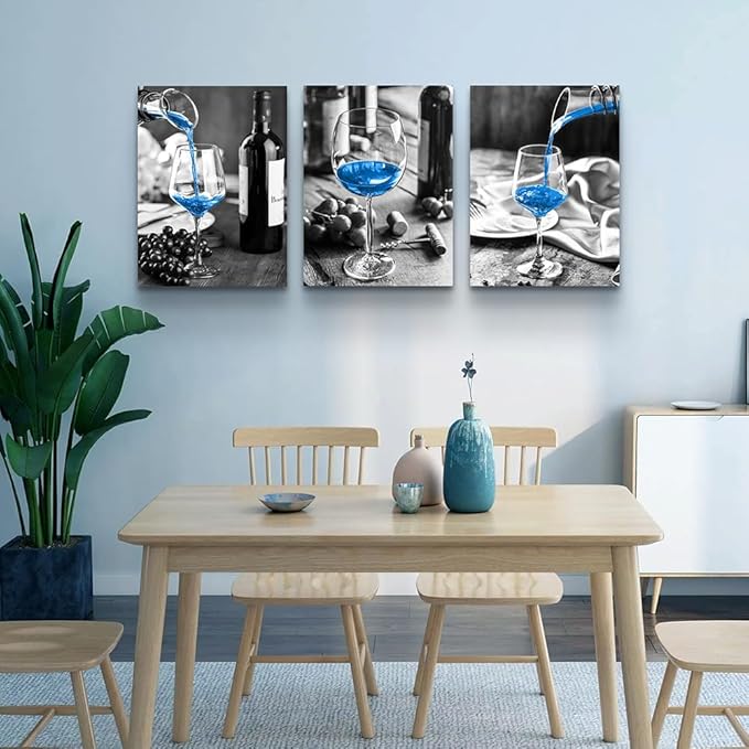 Lapremoly Blue Wine Wall Art Prints - 3 Pieces Canvas Art for Kitchen, Dining Room, Bar, Restaurant - Modern Inspiration Wall Decor with Black and White Wine Glasses Theme