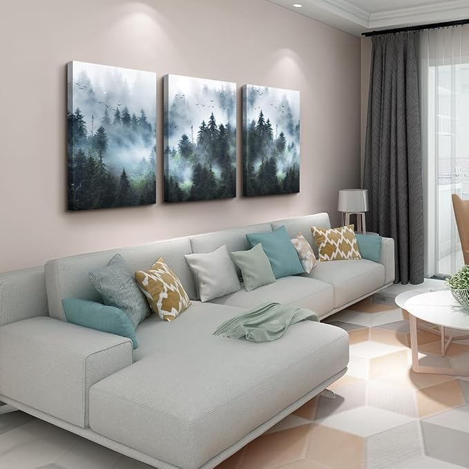Lapremoly Canvas Wall Art for Bedroom and Living Room - Modern Office Decor Trees Landscape Picture - Foggy Forest Painting Artwork Framed Ready to Hang - Large Home Decoration 3 Set