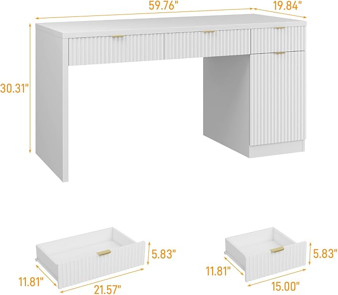 60" Executive Desk with Fluted Drawers, Wood Home Office Desk with Storage Cabinet, Fluted Reversible Computer Writing Desk for Study, Living Room,White