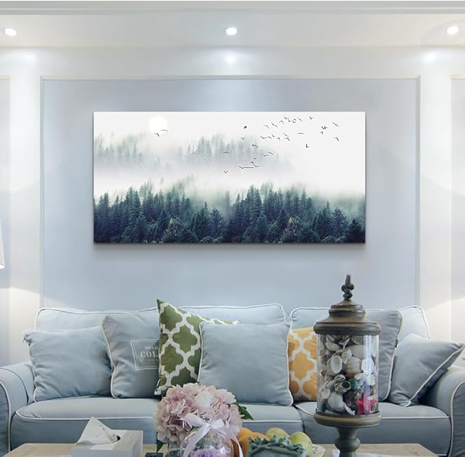 Wapluam Canvas Wall Art For Living Room Bedroom Decor Modern Home Office Decorations Fog Forest Landscape Painting Stretched Framed Pictures Ready To Hang Art Works 40 X 20