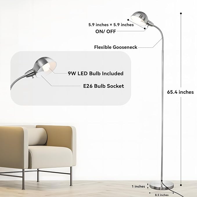Dimmable Floor Lamp with Flexible Gooseneck and Rotatable Shade, Modern Style Standing Tall Lamp, E26 Socket, LED Reading Lamp (Sliver)