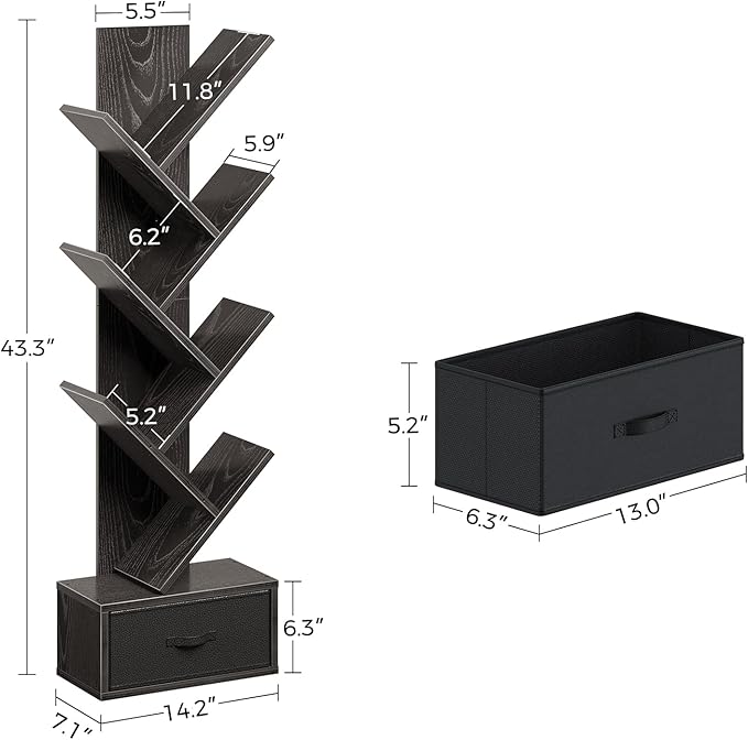 Rolanstar 7 Tier Bookshelf with Drawer, Tree Bookshelf, Small Bookshelves with Storage Rack for CDs/Movies/Books, Standing Book Shelf, Tall Narrow Bookcase for Living Room, Bedroom, Black