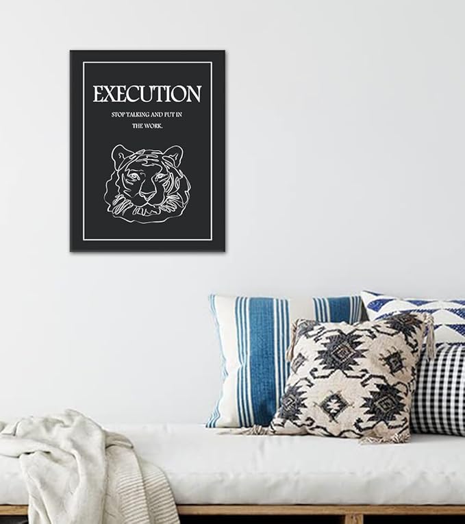 Execution Canvas Wall Art, Motivational Quote Print with Tiger Portraits, Black & White Inspirational Wall Decor, STOP TALKING AND PUT IN THE WORK Success Poster for Home Office Gym, Framed 18"x24"