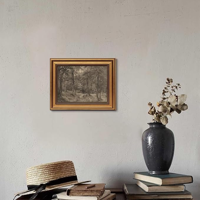 Gold Framed Wall Art Vintage Canvas Wall Art Nature Charcoal Landscape Path Forest Artwork Prints Picture for Living Room Bedroom Farmhouse Bathroom Office Decor, 8x10