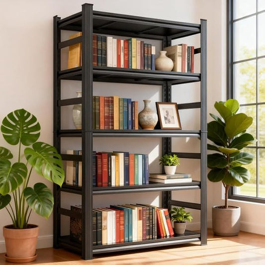 Bookshelf, Modern Metal Book Shelf, 1500LBS Industrial Tall Display Bookcase, Adjustable Bolt-Free Storage Shelves for Living Room, Bedroom, Garage, Kitchen, Black, (47" W x18 D x77.4 H, 5)