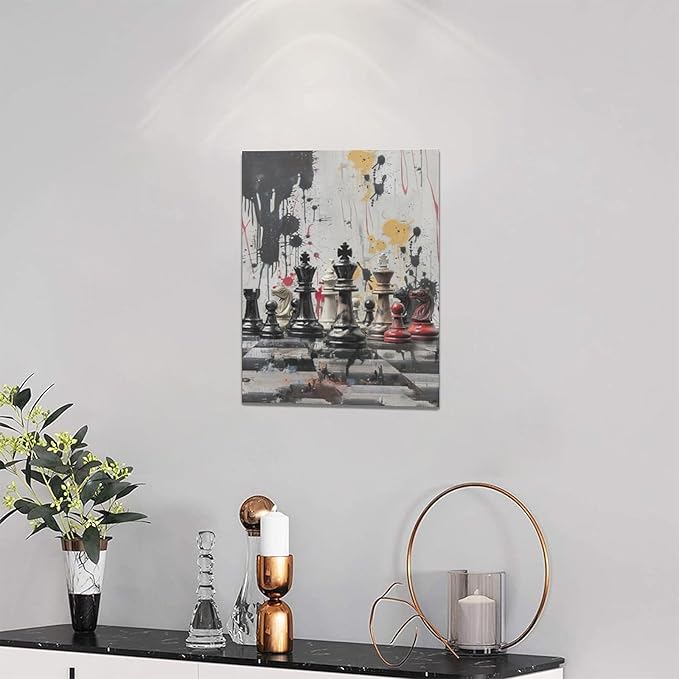 Chess Wall Art Intelligence Game Room Pictures Wall Decor Graffiti Chess Challenge Canvas Painting Print Home Modern Artwork Decorations Framed for Bathroom Living Room Bedroom Office 12 x 16 inch