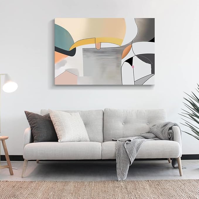 Wall Art Canvas Abstract Color Block Line Art Prints Apricot Cyan Black Grey Color Blocks and Lines Painting Modern Artwork Decor for Living Room Bedroom Kitchen 48x32in