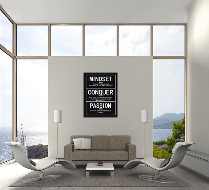 Mindset Noun Conquer Verb Passion Noun Canvas Wall Art Inspirational Quotes Poster and Print Motivational Picture Artwork for Living Room Office Home Decor Framed Ready to Hang [30"W X 40"H]