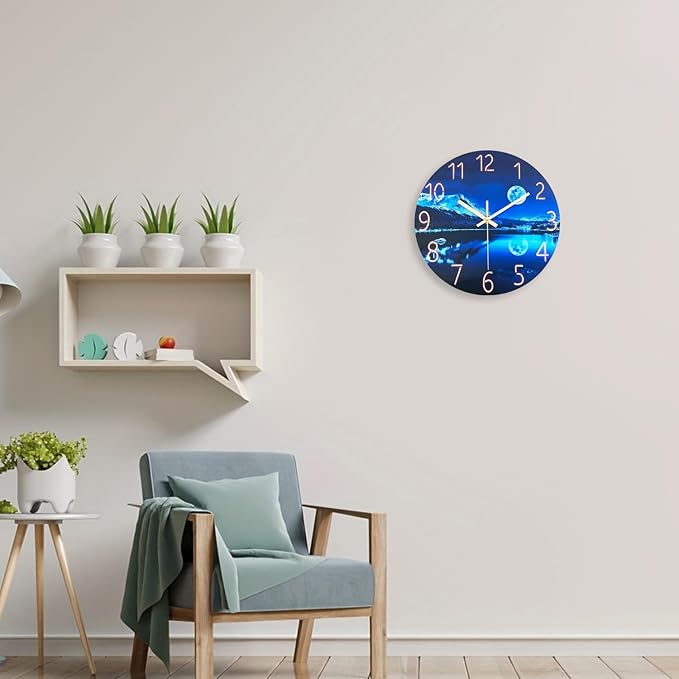 Blue Wall Clocks for Living Room 14 Inch Analog Wall Clock Battery Operated Moon Clock for Kitchen
