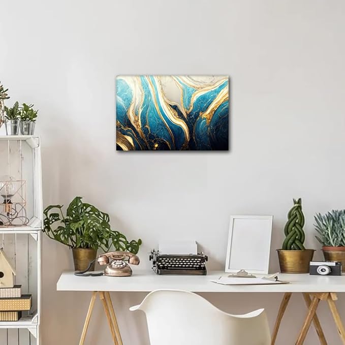 Abstract Wall Art for Living Room 1 Panel Modern Canvas Artwork Decor Turquoise Gold and White Colors Marble Art Poster Prints on Canvas for Men Lady Office Wall Decor Framed Ready to Hang 18x12 in