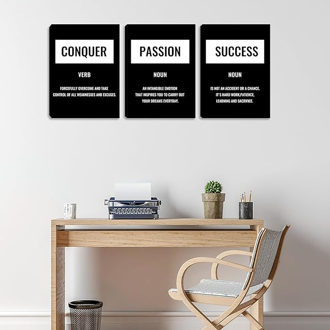 Black and White Canvas Wall Art for Bedroom - Motivational Success Wall Art Painting Wall Decor Modern 3 Pieces Prints Artwork Home Office Decor Inspirational Pictures Poster Framed (36”Wx16”H)