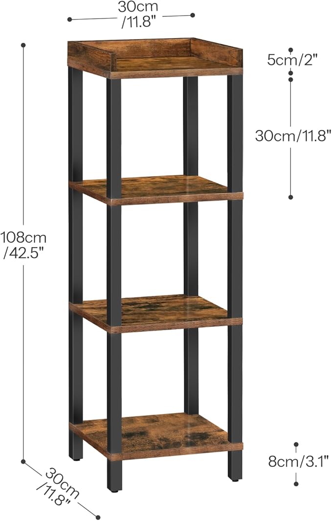 HOOBRO Small Bookcase, Industrial Style Bookshelf for Narrow Spaces, 4-Tier Square Book Shelf Stand, Wooden Storage Rack Display Shelf, Corner Shelf for Living Room, Rustic Brown and Black BF08CJ01