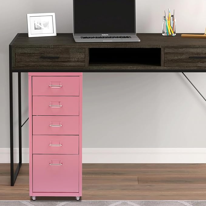 5-Drawer Mobile File Cabinet 11" D x16.1 W x27.1 H Vertical Filing Chest with Rubber Wheels and Tag Slot for Kitchen Bedroom Living Room Office (Pink)