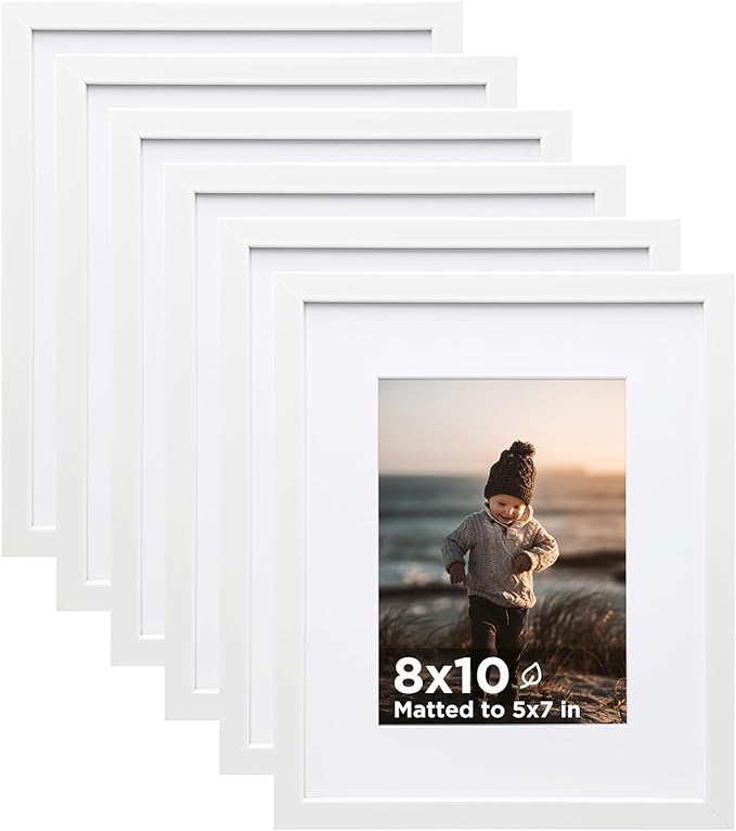 KINLINK 8x10 Picture Frame White Set of 6, Wooden Photo Frames Matted 5x7 with Plexiglass for 5x7 with Mat or 8x10 without Mat for Table and Wall Display
