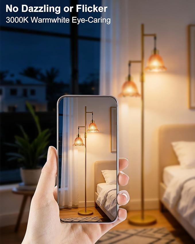 Lightdot 2- Light Gold Flower Floor Lamp for Living Room, 65IN Dimmable Floor Lamps with Rose Red Glass Shade&3000K Warm White Bulbs, Modern Standing Tall Lamp for Bedroom Office
