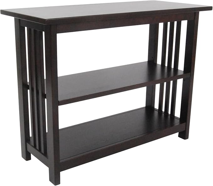 Alaterre Furniture Mission 3-Tier Under Window Bookshelf with Adjustable Middle Shelf and Vertical Slat Side Panels – Space Saving Bookcase for Office, Living Room, or Bedroom (Espresso)